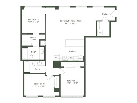 Floor plan for 3 beds, 2 baths, 1356 sqft